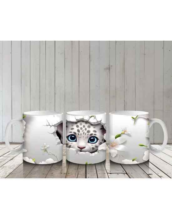 Çiçeklerle Kaplı Çatlakta Mavi Gözlü Kedi – Baskılı Kahve Kupası