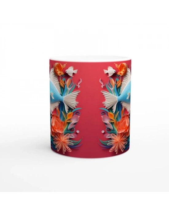 Çiçeklerle Süslenmiş Balık Baskılı Kupa Bardak