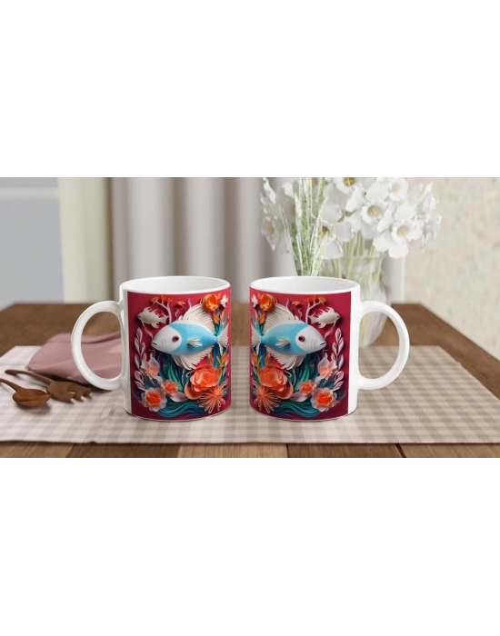 Çiçeklerle Süslenmiş Balık Baskılı Kupa Bardak