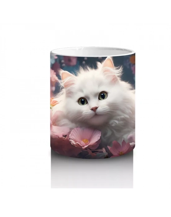 Çiçeklerle Süslenmiş Beyaz Kedi – Baskılı Kupa