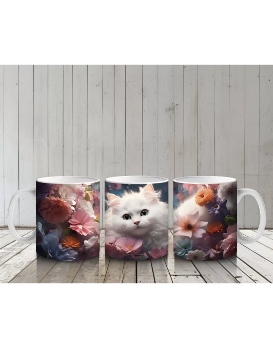 Çiçeklerle Süslenmiş Beyaz Kedi – Baskılı Kupa
