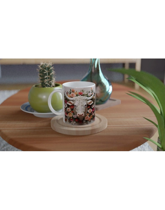 Çiçeklerle Süslenmiş Boğa Başı Temalı Baskılı Kupa Bardak