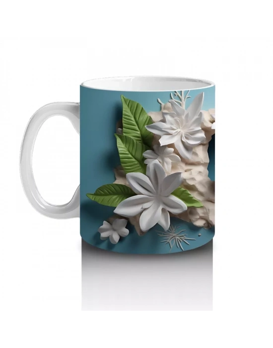 Çiçeklerle Süslenmiş Dal Üzerinde Oturan Kaplumbağa – Baskılı Kahve Kupası