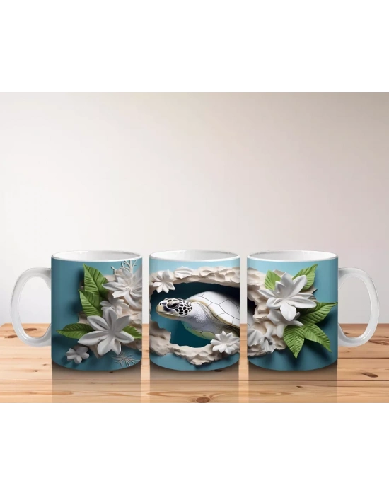 Çiçeklerle Süslenmiş Dal Üzerinde Oturan Kaplumbağa – Baskılı Kahve Kupası