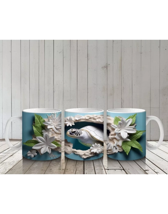 Çiçeklerle Süslenmiş Dal Üzerinde Oturan Kaplumbağa – Baskılı Kahve Kupası