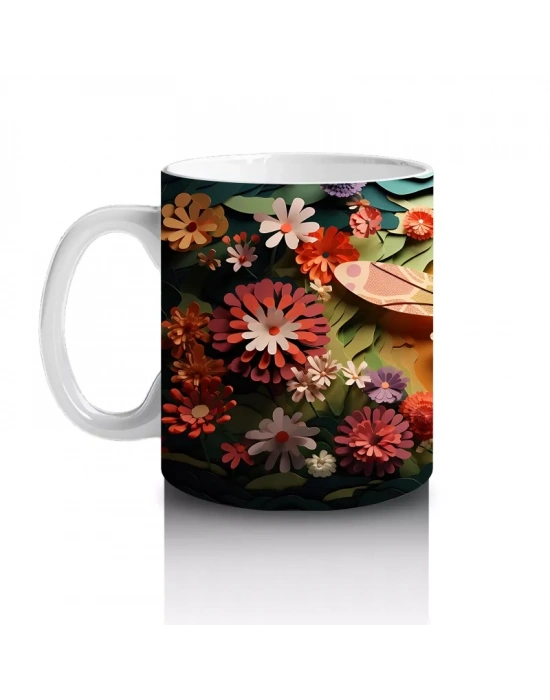 Çiçeklerle Süslenmiş Fantezi Tarzı Renkli Yusufçuk - Baskılı kahve kupası