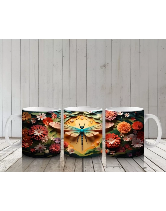 Çiçeklerle Süslenmiş Fantezi Tarzı Renkli Yusufçuk - Baskılı kahve kupası