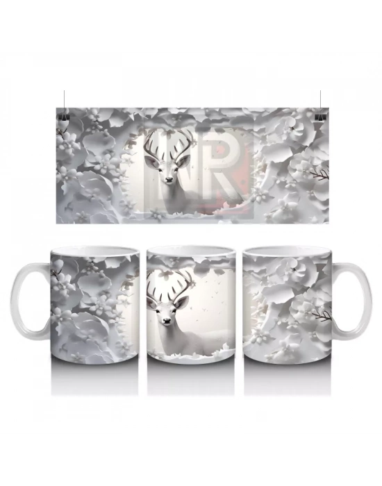 Çiçeklerle Süslenmiş Gümüş Geyik – Baskılı Kahve Kupası