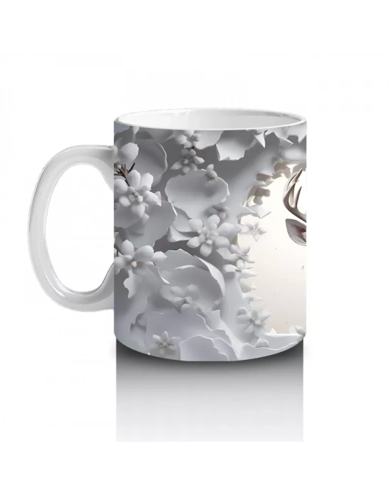 Çiçeklerle Süslenmiş Gümüş Geyik – Baskılı Kahve Kupası