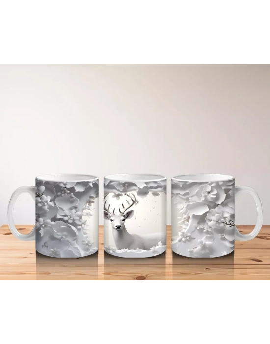 Çiçeklerle Süslenmiş Gümüş Geyik – Baskılı Kahve Kupası