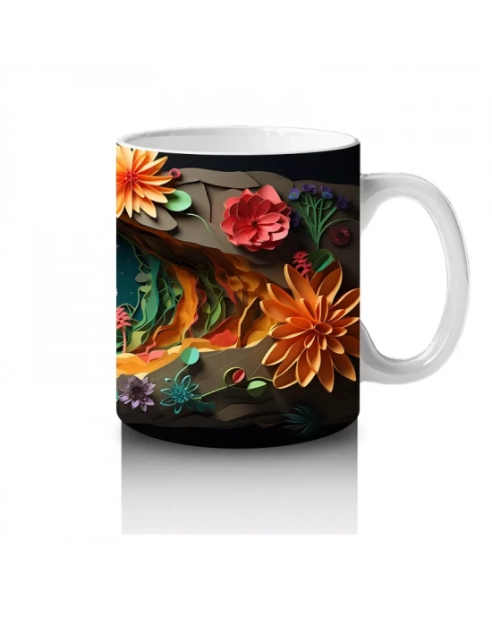 Çiçeklerle Süslenmiş Kalp ve Mavi Kelebek – Baskılı Kahve Kupası