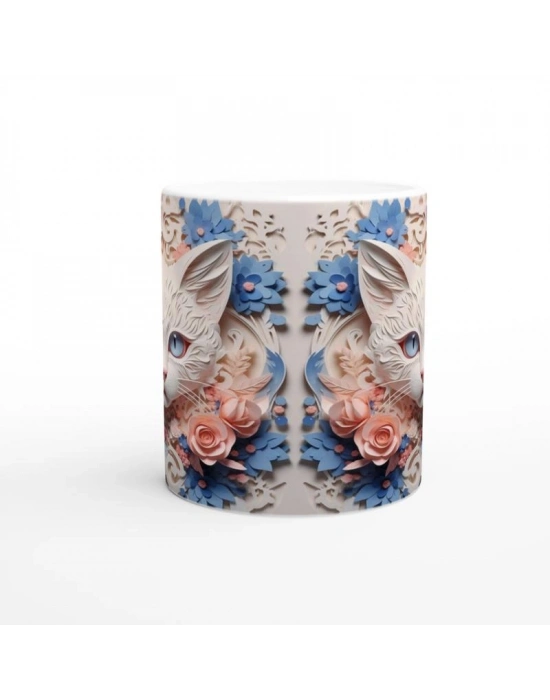 Çiçeklerle Süslenmiş Kedi İllüstrasyonu Temalı Baskılı Kupa Bardak