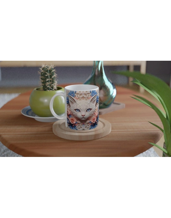 Çiçeklerle Süslenmiş Kedi İllüstrasyonu Temalı Baskılı Kupa Bardak