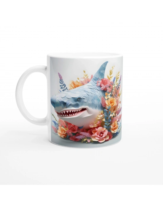 Çiçeklerle Süslenmiş Komik Köpek Balığı Temalı Renkli Kupa Bardak