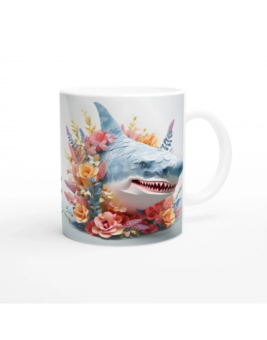 Çiçeklerle Süslenmiş Komik Köpek Balığı Temalı Renkli Kupa Bardak