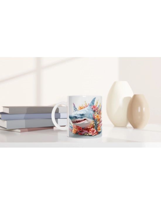 Çiçeklerle Süslenmiş Komik Köpek Balığı Temalı Renkli Kupa Bardak