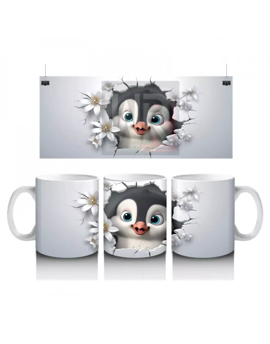 Çiçeklerle Süslenmiş Penguen Maskotu – Baskılı Kahve Kupası
