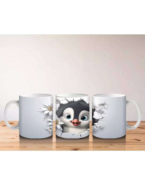 Çiçeklerle Süslenmiş Penguen Maskotu – Baskılı Kahve Kupası