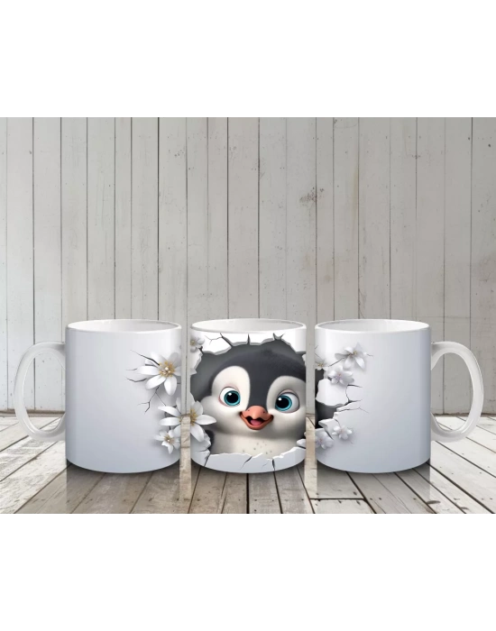 Çiçeklerle Süslenmiş Penguen Maskotu – Baskılı Kahve Kupası