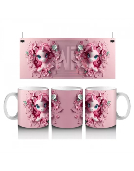 Çiçeklerle Süslenmiş Sevimli Pembe Midilli Figürü - Baskılı kahve kupası