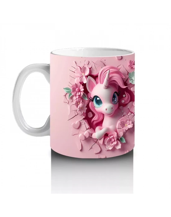 Çiçeklerle Süslenmiş Sevimli Pembe Midilli Figürü - Baskılı kahve kupası