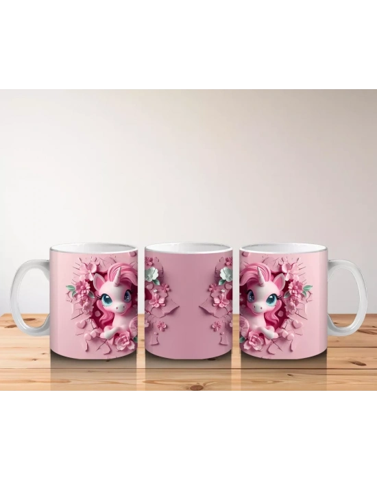 Çiçeklerle Süslenmiş Sevimli Pembe Midilli Figürü - Baskılı kahve kupası