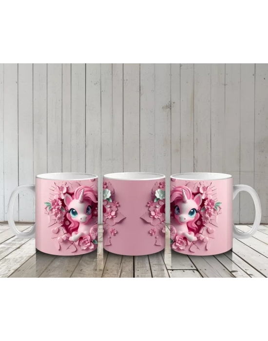 Çiçeklerle Süslenmiş Sevimli Pembe Midilli Figürü - Baskılı kahve kupası