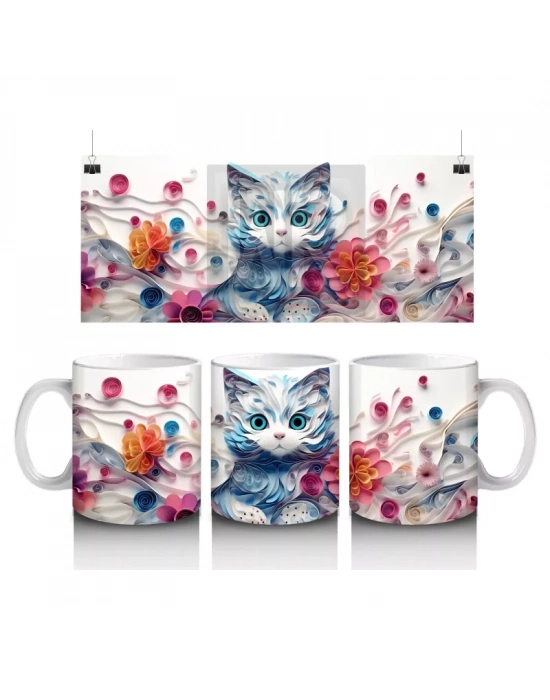 Çiçeklerle Süslenmiş Tatlı Kedi – Baskılı Kahve Kupası