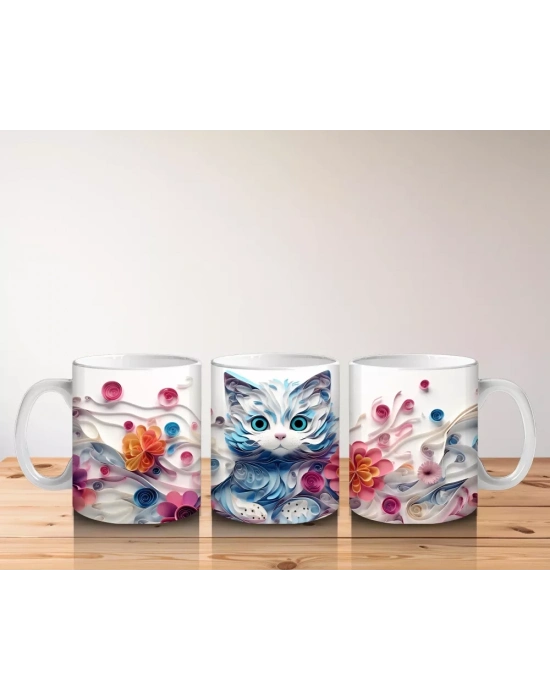 Çiçeklerle Süslenmiş Tatlı Kedi – Baskılı Kahve Kupası