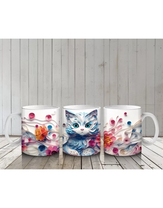 Çiçeklerle Süslenmiş Tatlı Kedi – Baskılı Kahve Kupası