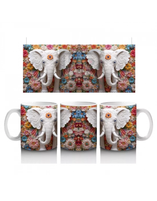 Çiçekli Arka Planda Fildişi Renkli Fil Figürü – Baskılı Kahve Kupası
