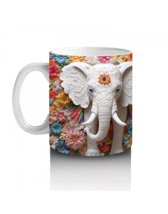 Çiçekli Arka Planda Fildişi Renkli Fil Figürü – Baskılı Kahve Kupası