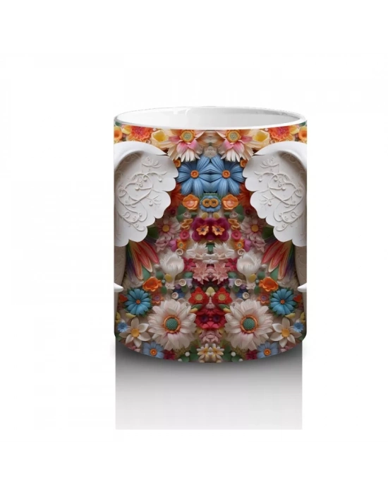 Çiçekli Arka Planda Fildişi Renkli Fil Figürü – Baskılı Kahve Kupası