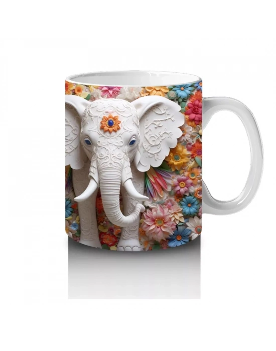 Çiçekli Arka Planda Fildişi Renkli Fil Figürü – Baskılı Kahve Kupası