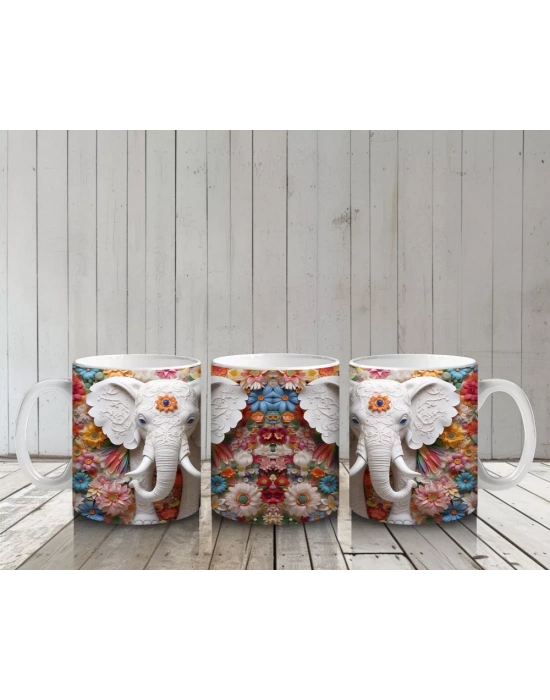 Çiçekli Arka Planda Fildişi Renkli Fil Figürü – Baskılı Kahve Kupası