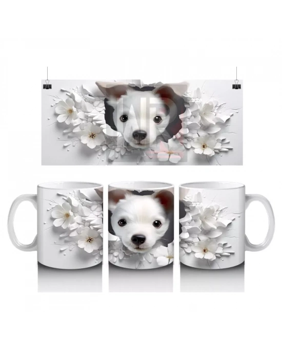 Çiçekli Arka Planda Tatlı Yavru Köpek – Baskılı Kahve Kupası