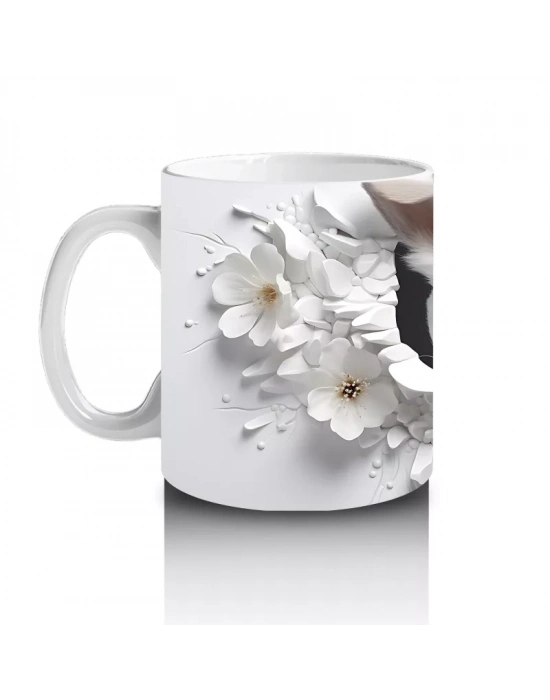 Çiçekli Arka Planda Tatlı Yavru Köpek – Baskılı Kahve Kupası