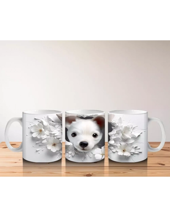 Çiçekli Arka Planda Tatlı Yavru Köpek – Baskılı Kahve Kupası