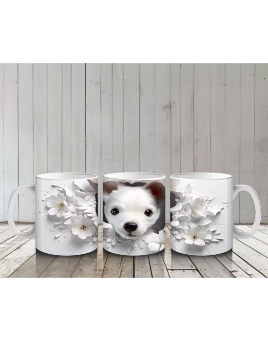 Çiçekli Arka Planda Tatlı Yavru Köpek – Baskılı Kahve Kupası