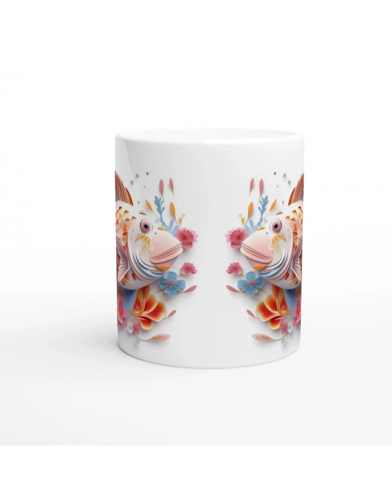 Çiçekli Balık Desenli Deniz Temalı Sanat Kupa Bardak