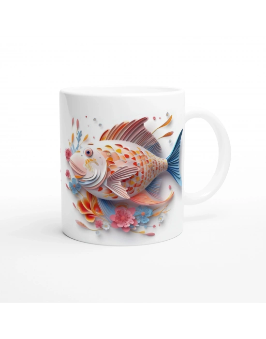 Çiçekli Balık Desenli Deniz Temalı Sanat Kupa Bardak