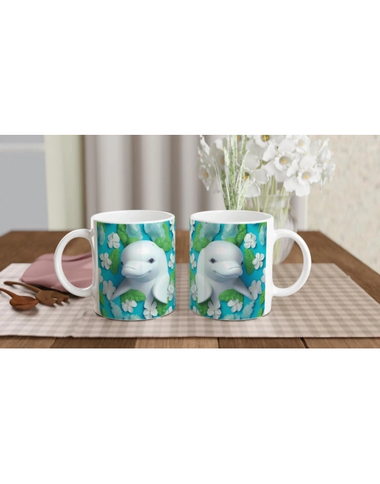 Çiçekli Beyaz Yunus Baskılı Kupa Bardak