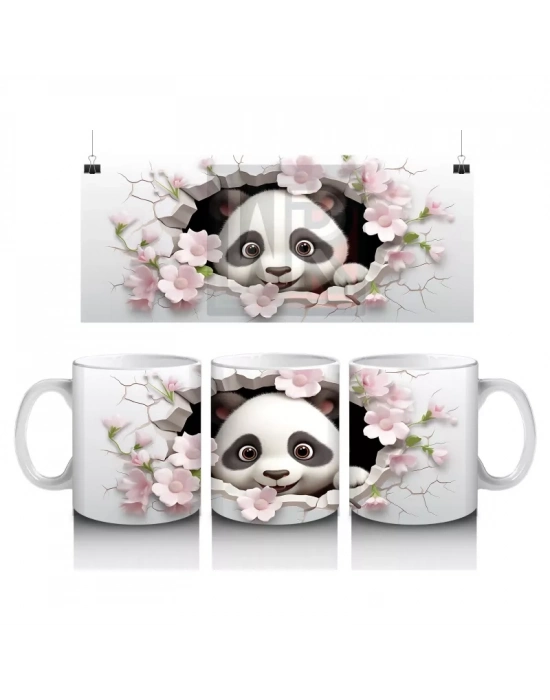 Çiçekli Çatlakta Oturan Neşeli Panda – Baskılı Kahve Kupası