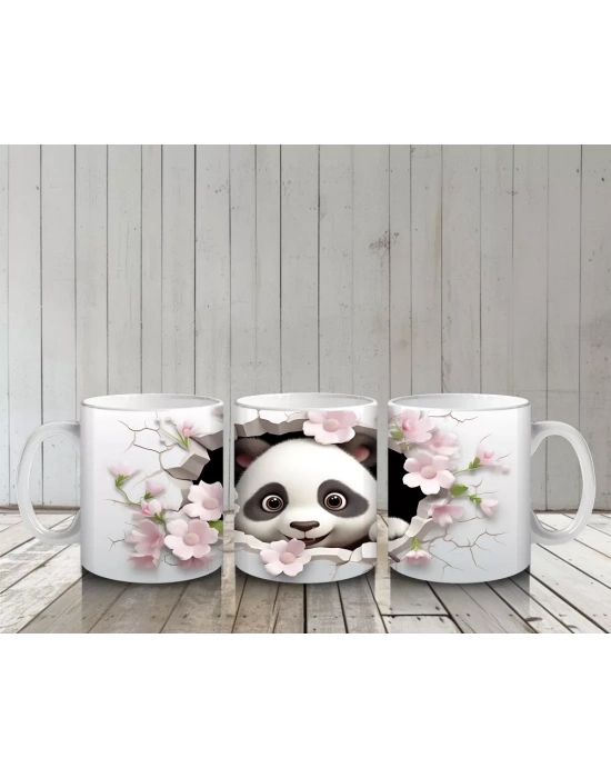 Çiçekli Çatlakta Oturan Neşeli Panda – Baskılı Kahve Kupası