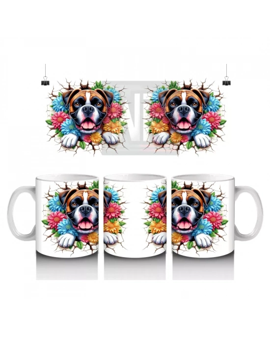 Çiçekli Çerçevede Sevimli Köpek Maskotu – Baskılı Kahve Kupası