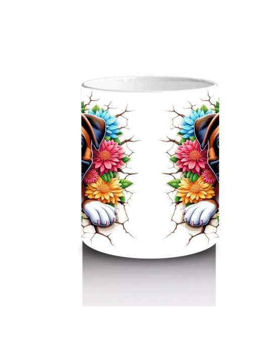 Çiçekli Çerçevede Sevimli Köpek Maskotu – Baskılı Kahve Kupası