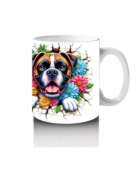 Çiçekli Çerçevede Sevimli Köpek Maskotu – Baskılı Kahve Kupası