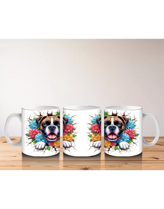 Çiçekli Çerçevede Sevimli Köpek Maskotu – Baskılı Kahve Kupası