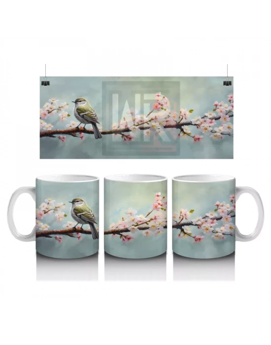 Çiçekli Dal Üzerinde Oturan Serçe – Baskılı Kahve Kupası