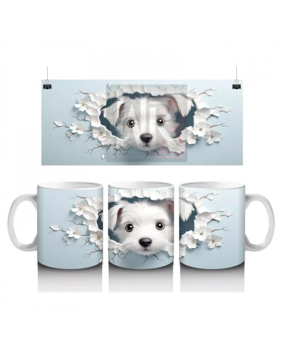 Çiçekli Duvarı Delen Sevimli Beyaz Yavru Köpek – Baskılı Kahve Kupası